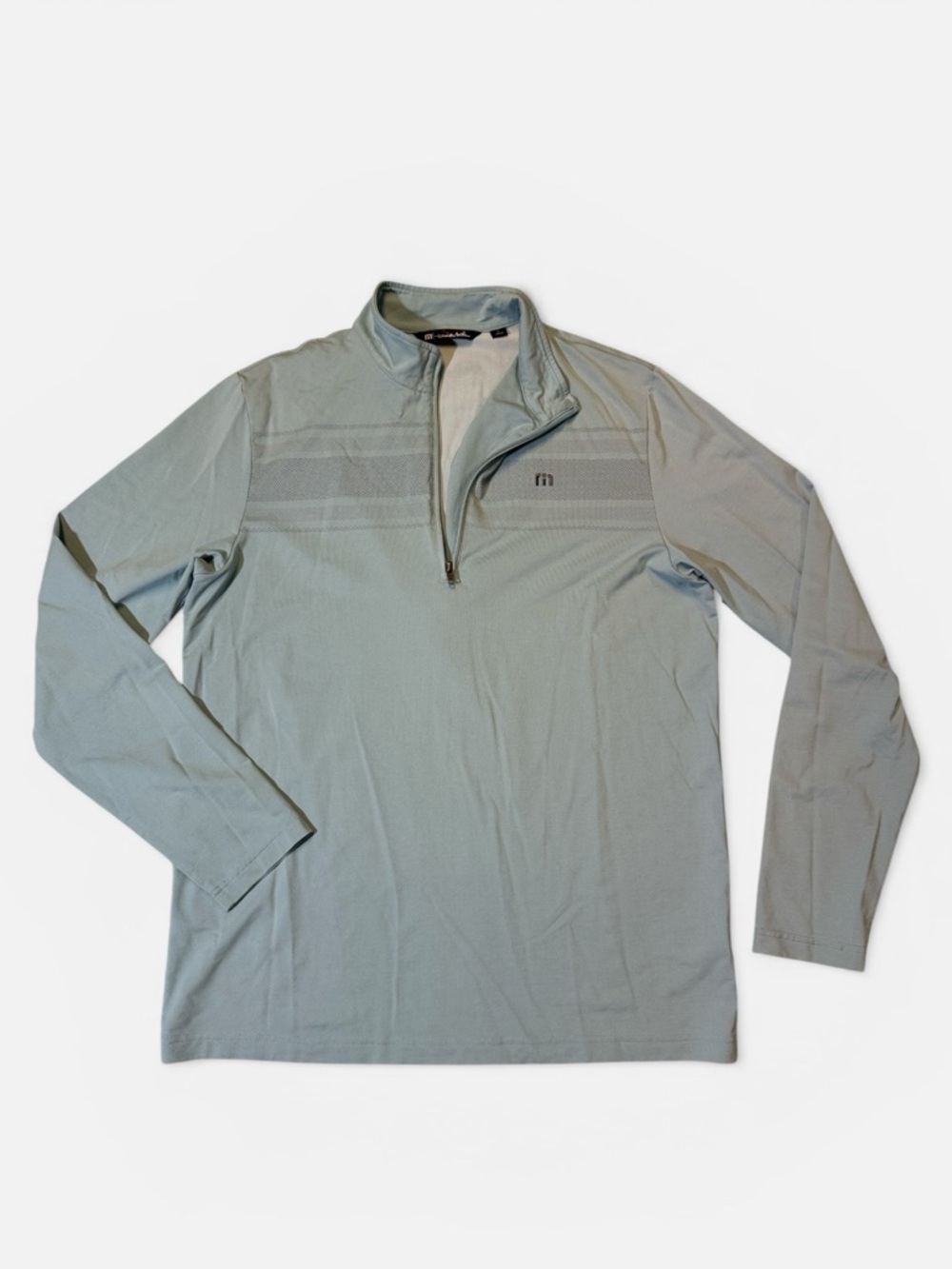 Travis Mathew mens L Large light blue geo cotton blend 1/4 zip golf sweater EUC